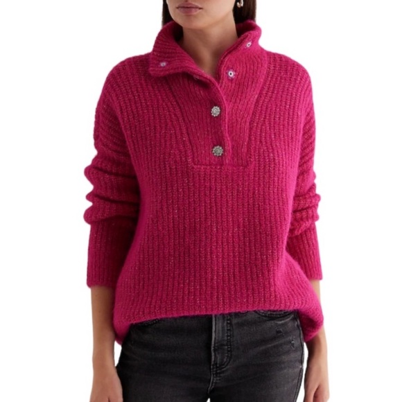 NWT $108 Express Oversized Wool Blend Embellished Snap Tunic Sweater Fuchsia XS - Picture 2 of 10